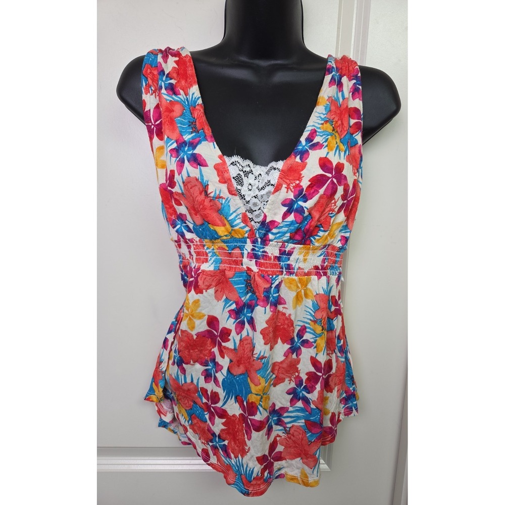 Empire Waist Lace Babydoll Open Sides Tropical Print Top Sleeveless Y2K 90s L